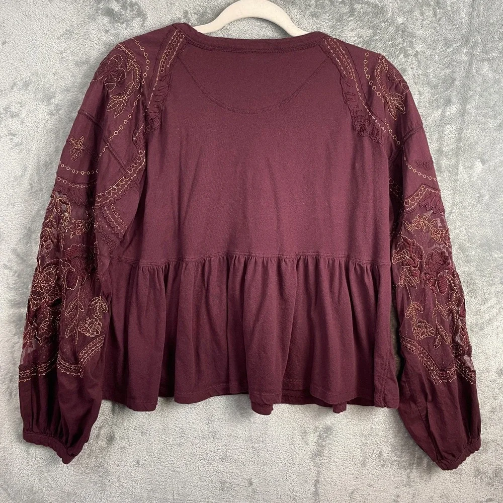Free People Top‎  Size XS Burgundy Floral Lace Sleeve Blouse Cotton Whimsy Goth
